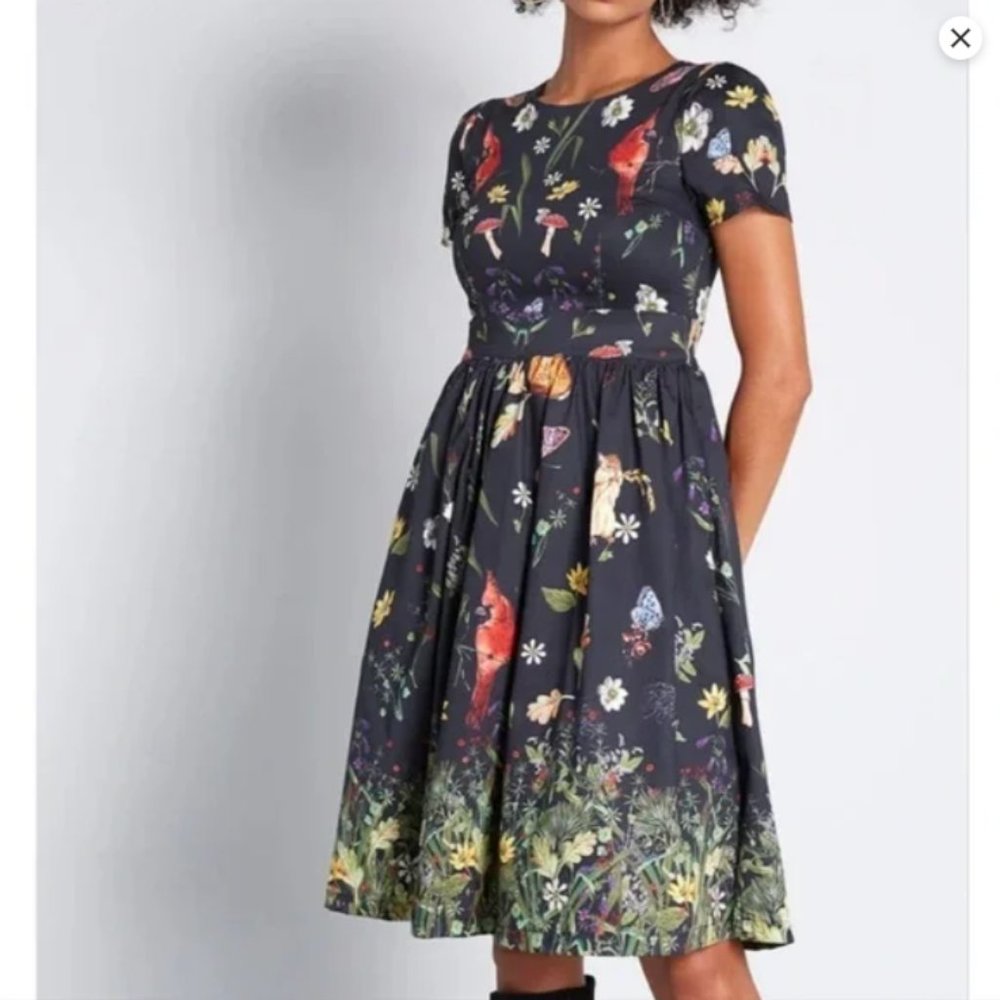 *NWT!* ModCloth Moxie Medley Retro Fit & Flare Pocket Dress, Forest Print, sz Lg